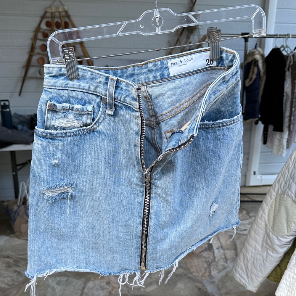 rag & bone Light Blue Distressed Mini Skirt